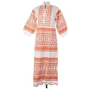 Julia Amory Dress XS White Orange Embroidered Maxi‎ Casual Boho Chic Cotton